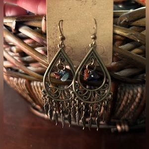 Boho bronze chandelier earrings with feathers and stones!!